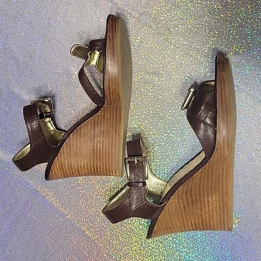 Y2k Vintage Juicy Couture Brown Leather Peep Toe Wedge Sandal SZ:9.5 - Picture 4 of 9
